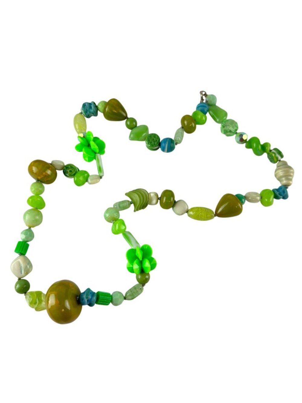 Mixed Green Bead Whimsical Bakelite Glass 31" Necklace